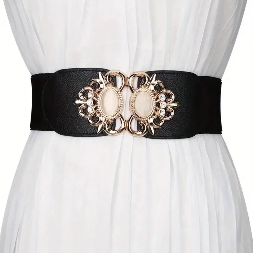 Golden‎ Double Buckle Black Waspie Belt Stretchy Elastic Accentuating Waist Band